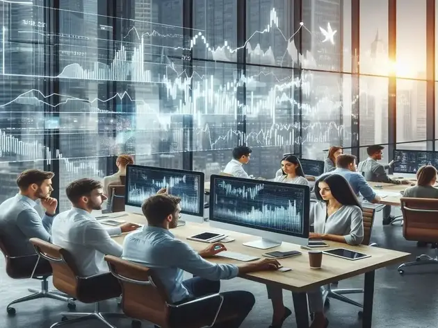 Ilustração de um escritório com vários monitores grandes onde as pessoas estão programando.