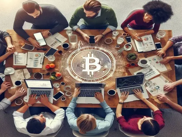 Ilustração uma mesa de criptomoedas com várias pessoas em volta.