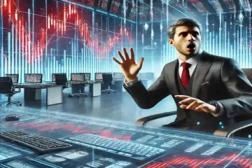 Ilustração de um investidor com cara de espanto dentro de uma bolsa de valor, por ter digitado um valor errado