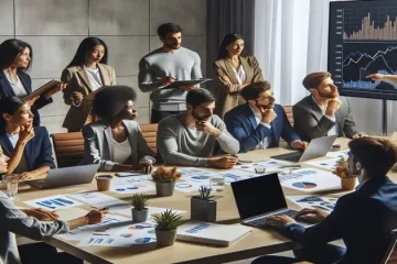 Ilustração de várias pessoas pensativas em uma sala de reunião para tomada de decisão nos investimentos.