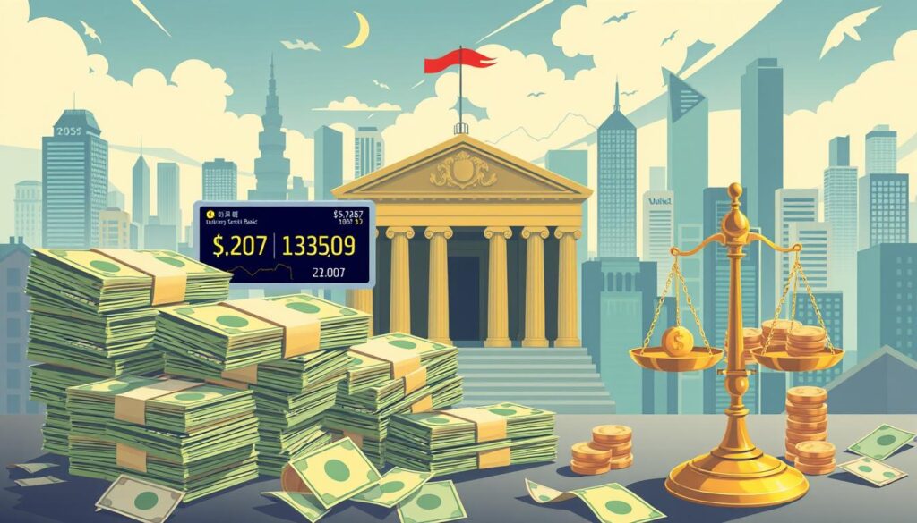 banco central com muitas notas de dinheiro do lado de fora.