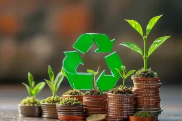 Ilustração de plantinhas sobre moedas e o síbolo da reciclagem.